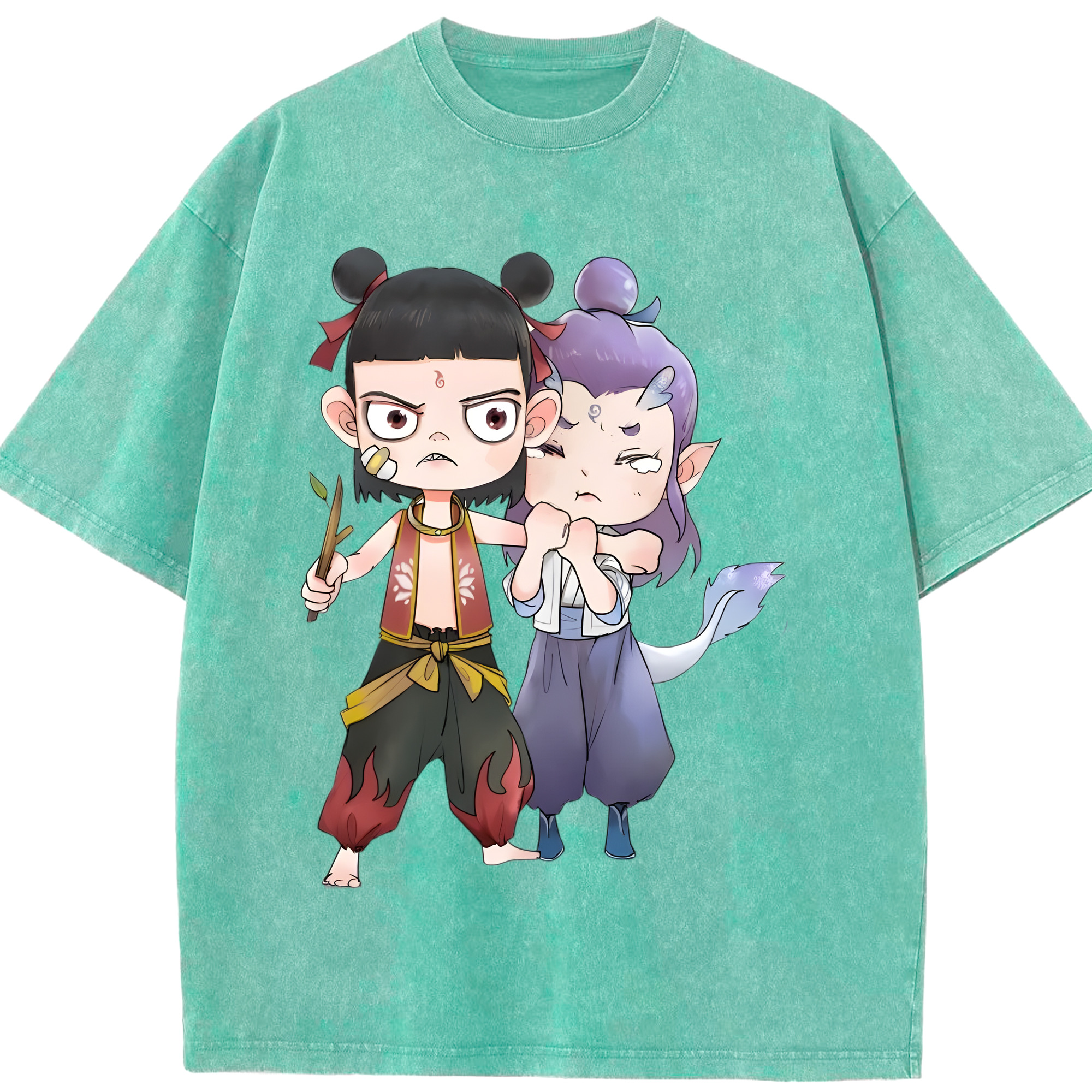 （画像用） Ne Zha 2 ナタ 魔童の大暴れ 綿100% ヴィンテージ風 半袖Tシャツ（フロントプリント）